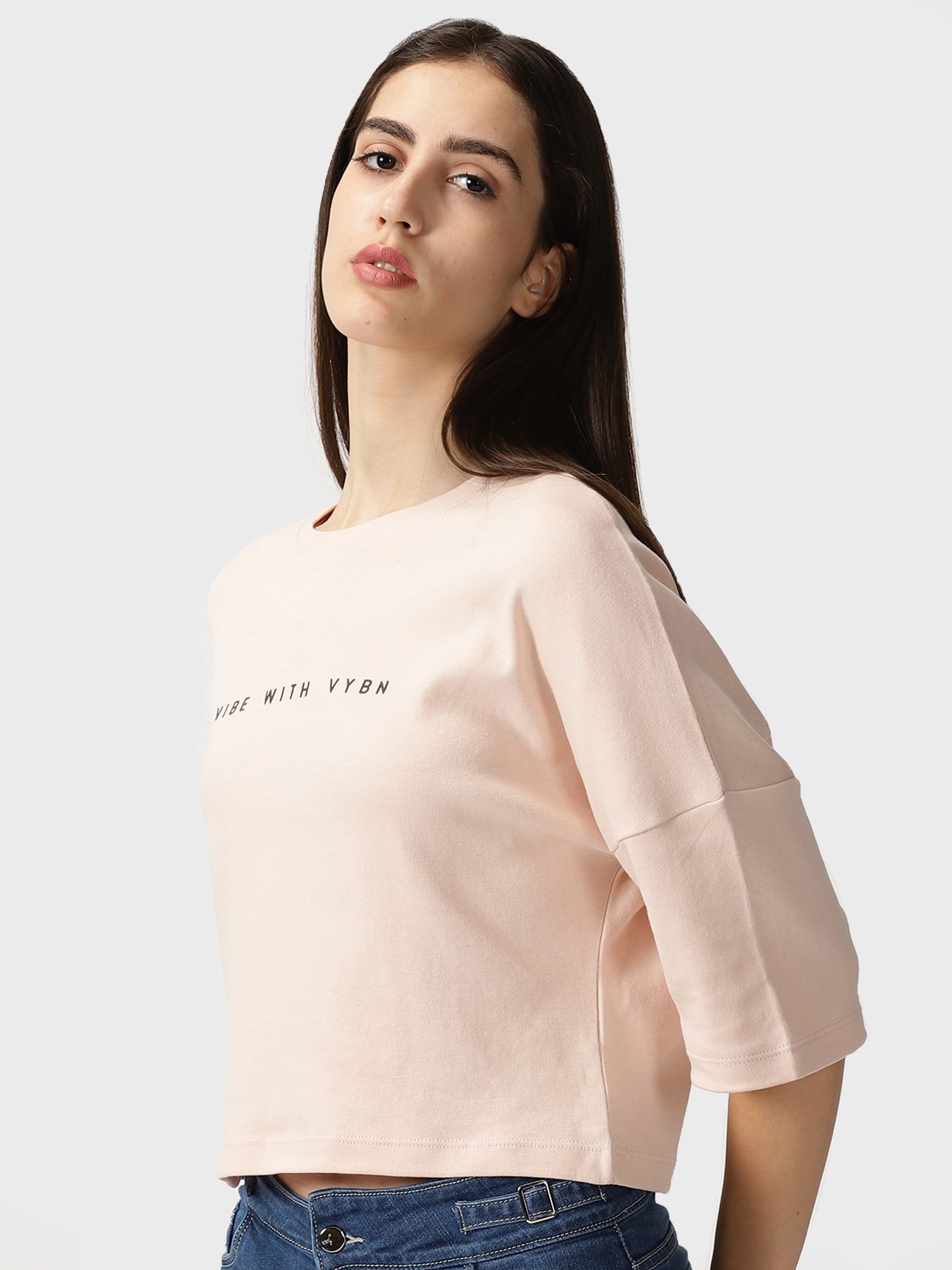 CROPPED COTTON T-SHIRT HALF SLEEVE IN PEACH COLOUR 2