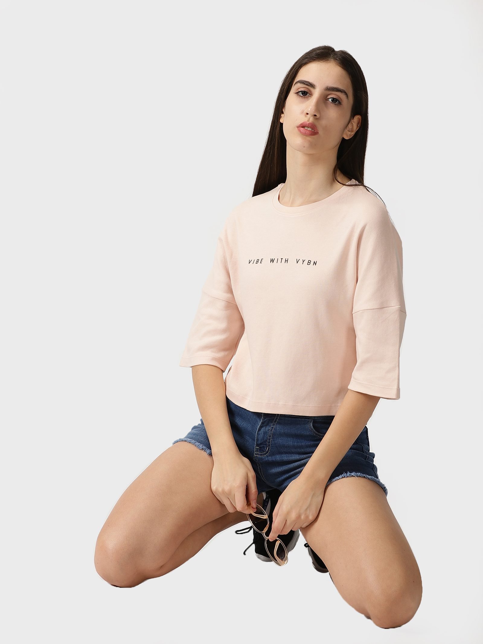 CROPPED COTTON T-SHIRT HALF SLEEVE IN PEACH COLOUR 4