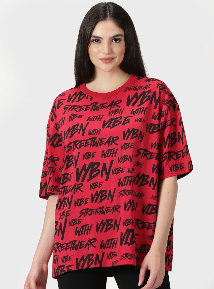 Women's Allover Print Drop Shoulder Half-Sleeves Tee - HIPHOP