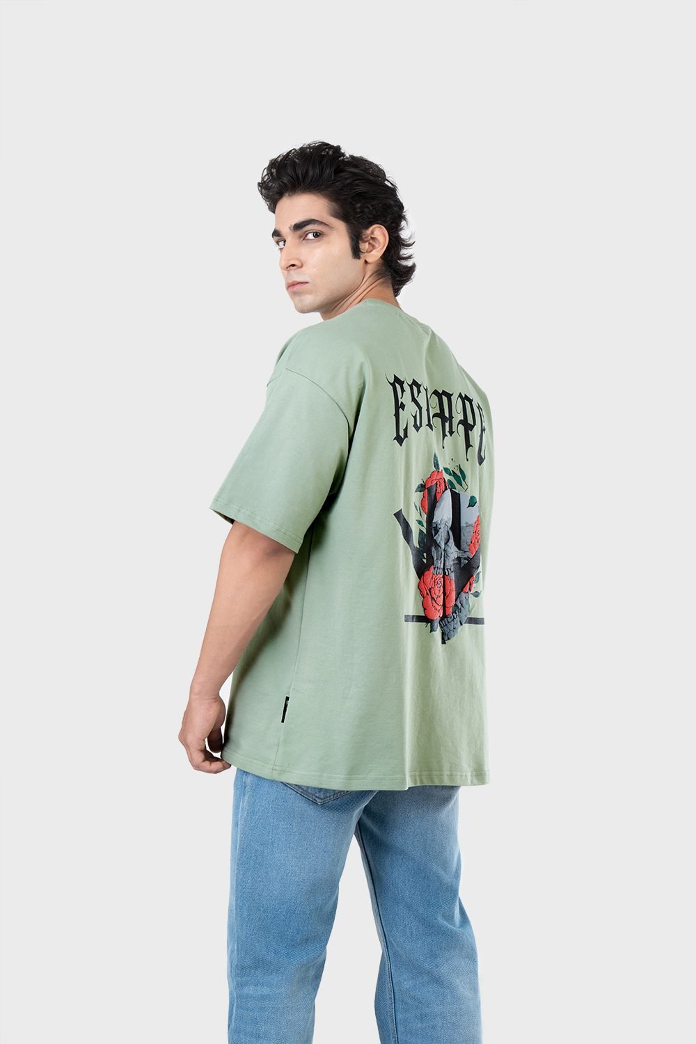 Men_s Drop Shoulder Half-Sleeves T-shirt-HIPHOP in Color Sage Green3