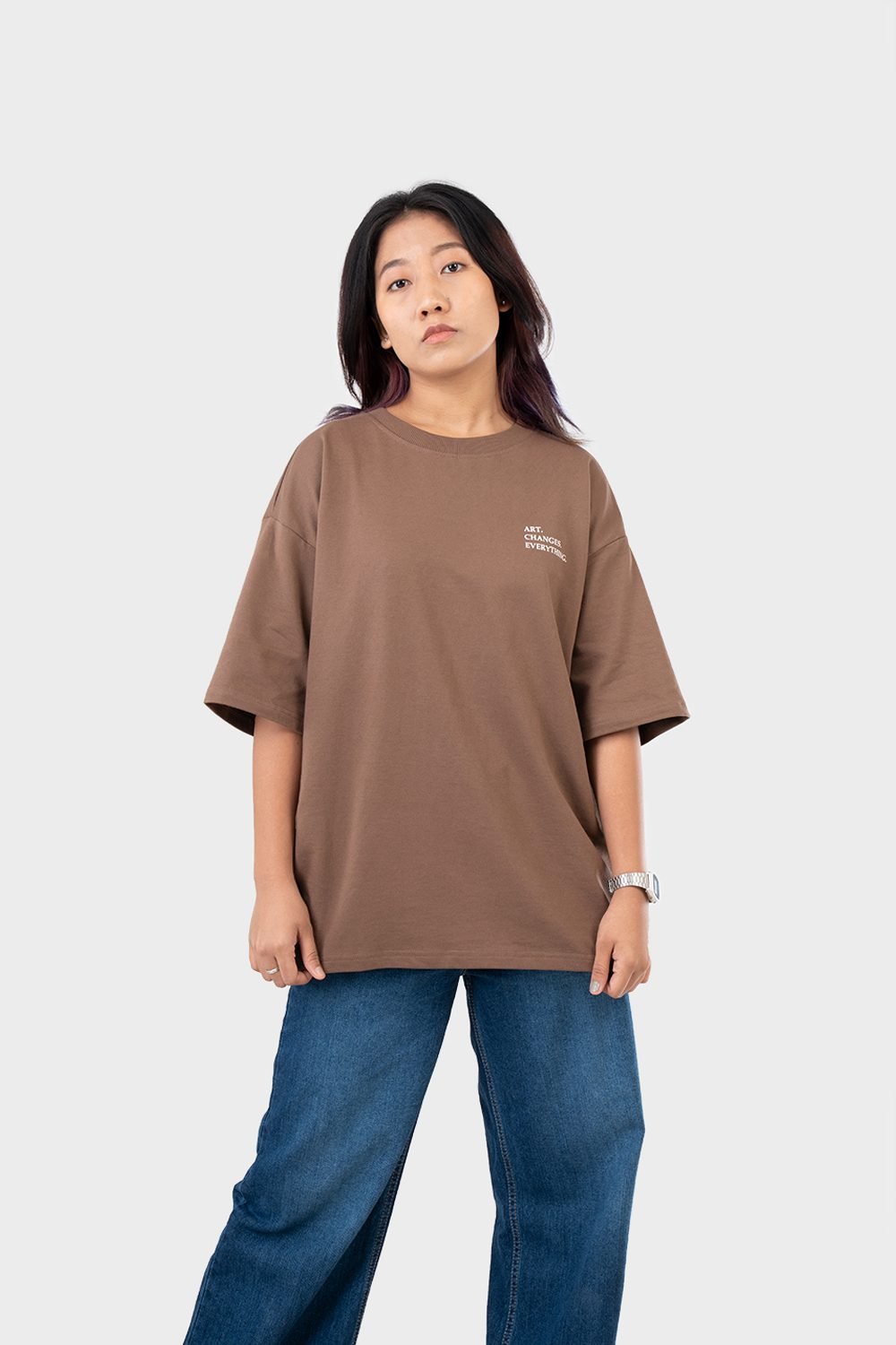 Women_s Drop Shoulder Half-Sleeves T-shirt -HIPHOP in Color Brown2