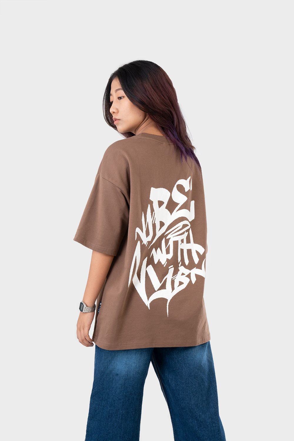 Women_s Drop Shoulder Half-Sleeves T-shirt -HIPHOP in Color Brown3