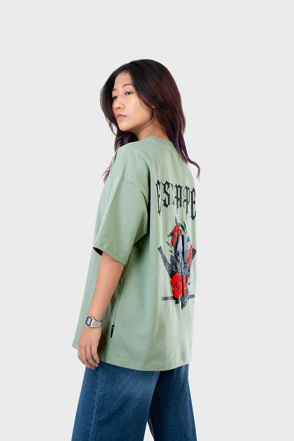 Women_s Drop Shoulder Half-Sleeves T-shirt -HIPHOP in Color Sage Green3