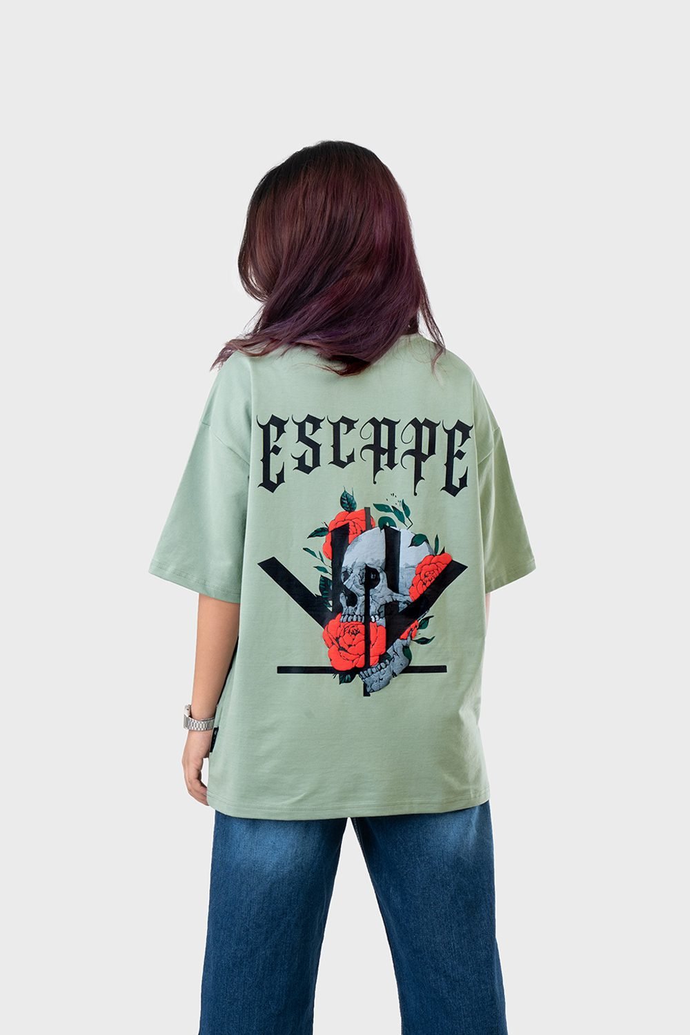 Women_s Drop Shoulder Half-Sleeves T-shirt -HIPHOP in Color Sage Green4